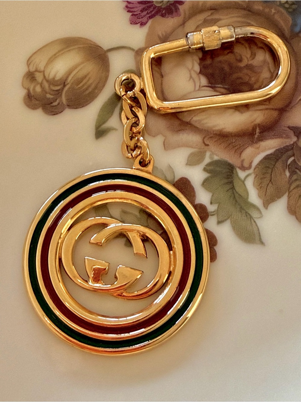 Gucci Gold Tone Keychain with Green and Red Accent